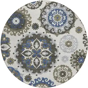 Photo of 8' Pewter Silver And Gray Round Floral Medallion Washable Indoor Outdoor Area Rug