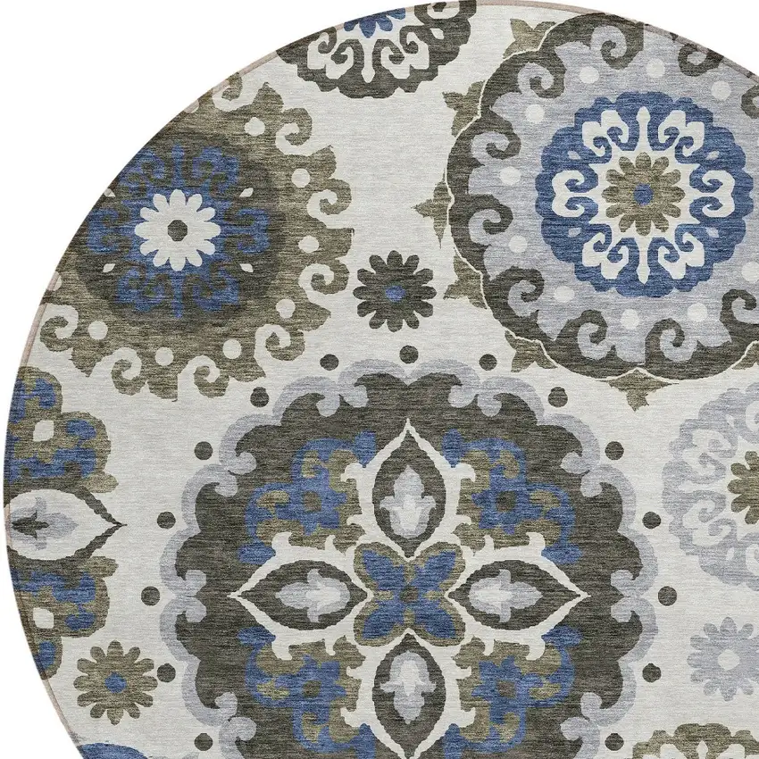 8' Pewter Silver And Gray Round Floral Medallion Washable Indoor Outdoor Area Rug Photo 4