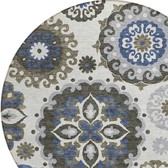 8' Pewter Silver And Gray Round Floral Medallion Washable Indoor Outdoor Area Rug Photo 4
