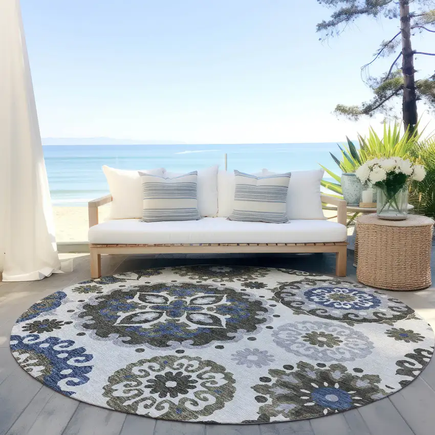 8' Pewter Silver And Gray Round Floral Medallion Washable Indoor Outdoor Area Rug Photo 7