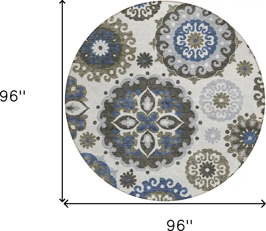 8' Pewter Silver And Gray Round Floral Medallion Washable Indoor Outdoor Area Rug Photo 3