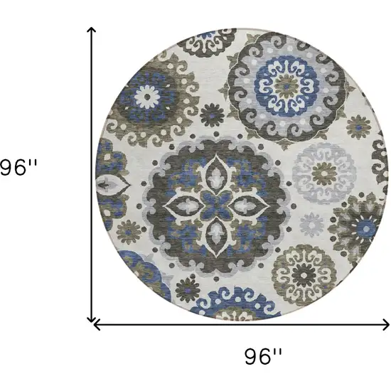 8' Pewter Silver And Gray Round Floral Medallion Washable Indoor Outdoor Area Rug Photo 3