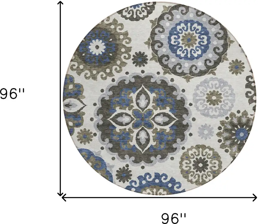 8' Pewter Silver And Gray Round Floral Medallion Washable Indoor Outdoor Area Rug Photo 3