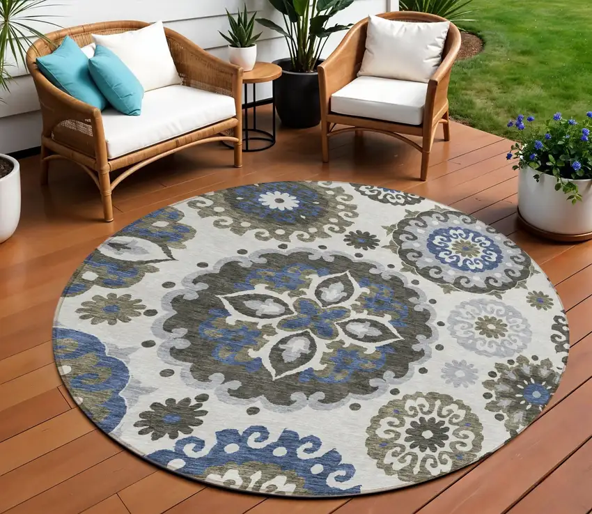 8' Pewter Silver And Gray Round Floral Medallion Washable Indoor Outdoor Area Rug Photo 1