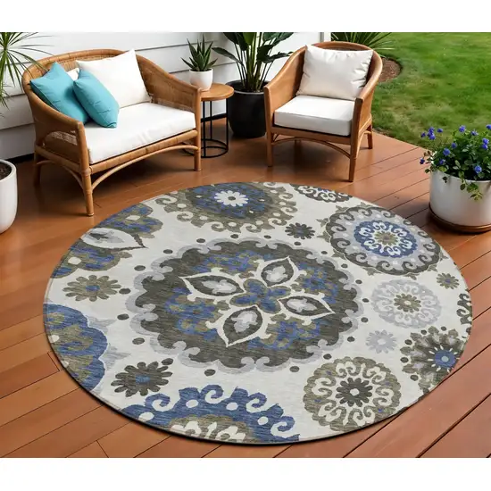 8' Pewter Silver And Gray Round Floral Medallion Washable Indoor Outdoor Area Rug Photo 1