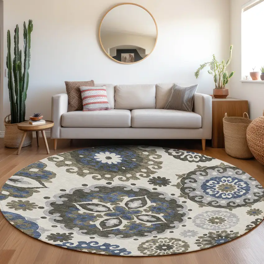 8' Pewter Silver And Gray Round Floral Medallion Washable Indoor Outdoor Area Rug Photo 8