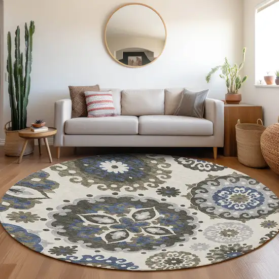 8' Pewter Silver And Gray Round Floral Medallion Washable Indoor Outdoor Area Rug Photo 8