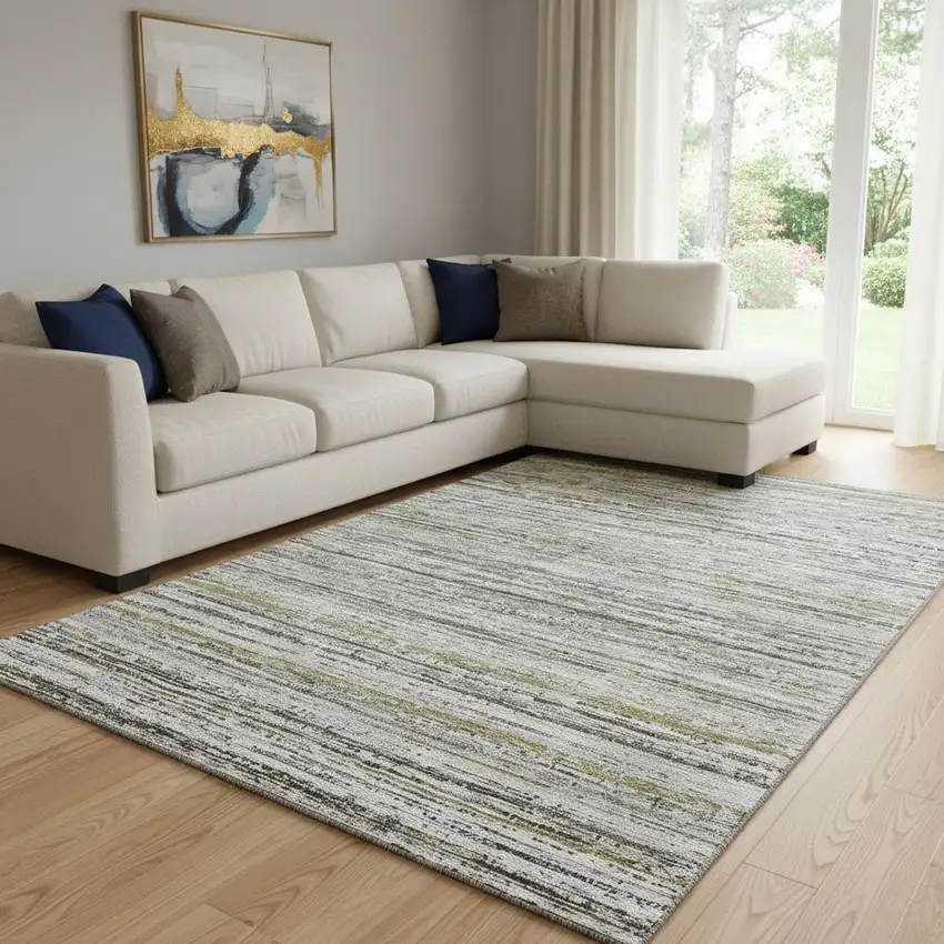 8' Pewter Silver And Gray Striped Washable Area Rug With UV Protection Photo 2