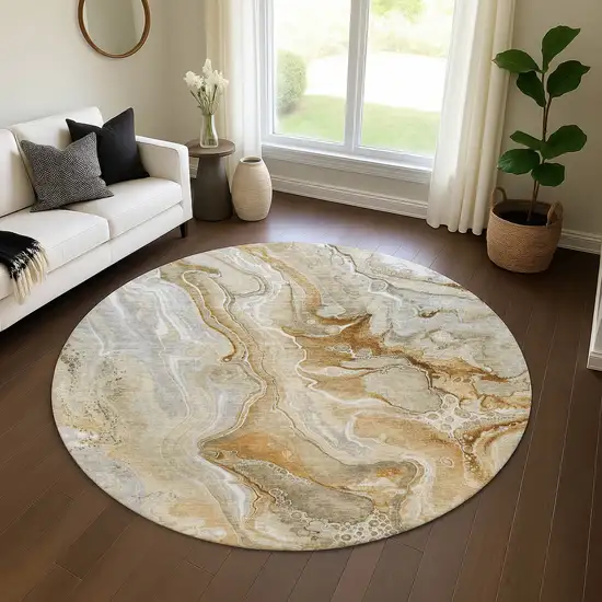 8' Pewter Tan And Ivory Abstract Washable Round Rug With UV Protection Photo 3