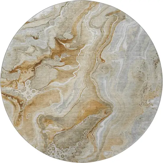 8' Pewter Tan And Ivory Abstract Washable Round Rug With UV Protection Photo 2