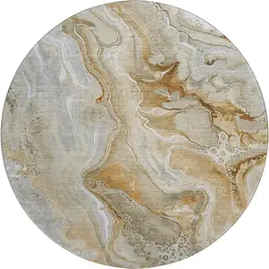 Photo of 8' Pewter Tan And Ivory Abstract Washable Round Rug With UV Protection
