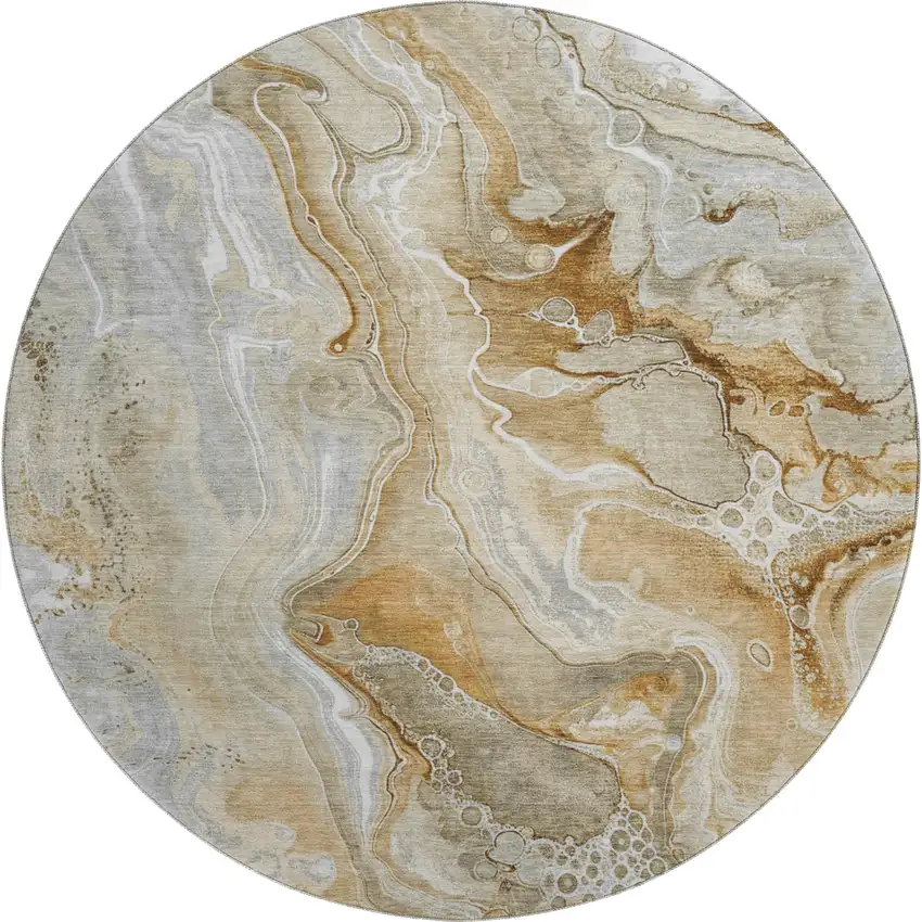 8' Pewter Tan And Ivory Abstract Washable Round Rug With UV Protection Photo 1