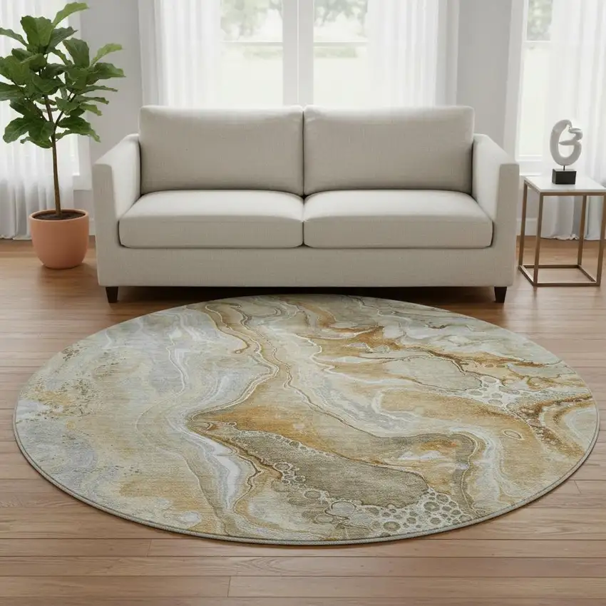 8' Pewter Tan And Ivory Abstract Washable Round Rug With UV Protection Photo 2