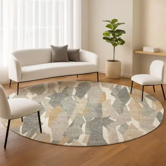 8' Pewter Wheat And Ivory Round Striped Washable Indoor Outdoor Area Rug Photo 9