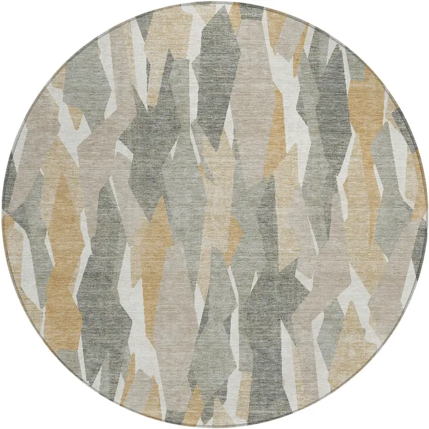 8' Pewter Wheat And Ivory Round Striped Washable Indoor Outdoor Area Rug Photo 2