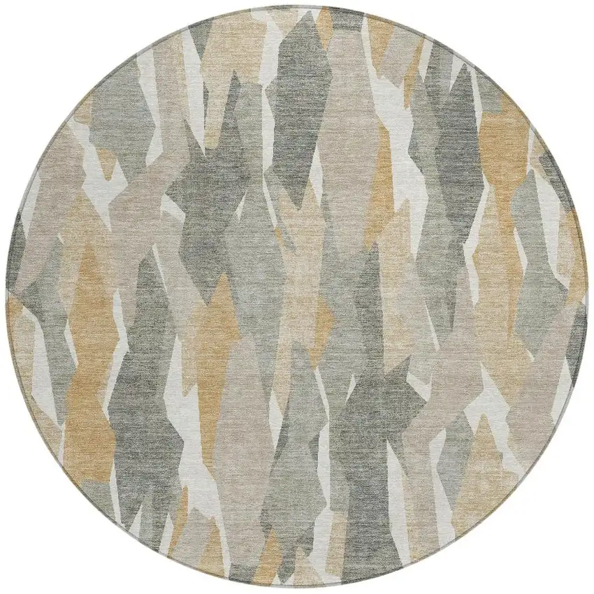 8' Pewter Wheat And Ivory Round Striped Washable Indoor Outdoor Area Rug Photo 4