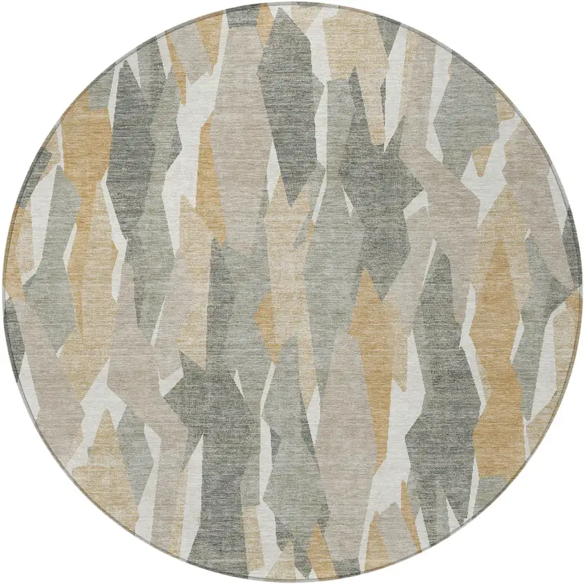 8' Pewter Wheat And Ivory Round Striped Washable Indoor Outdoor Area Rug Photo 5