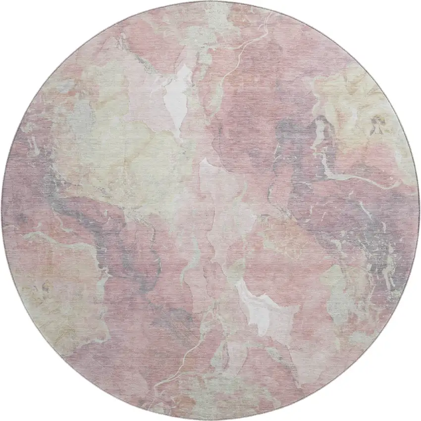 8' Pink And Beige Abstract Washable Round Rug With UV Protection Photo 1
