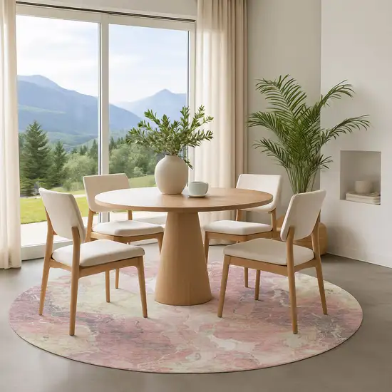 8' Pink And Beige Abstract Washable Round Rug With UV Protection Photo 3