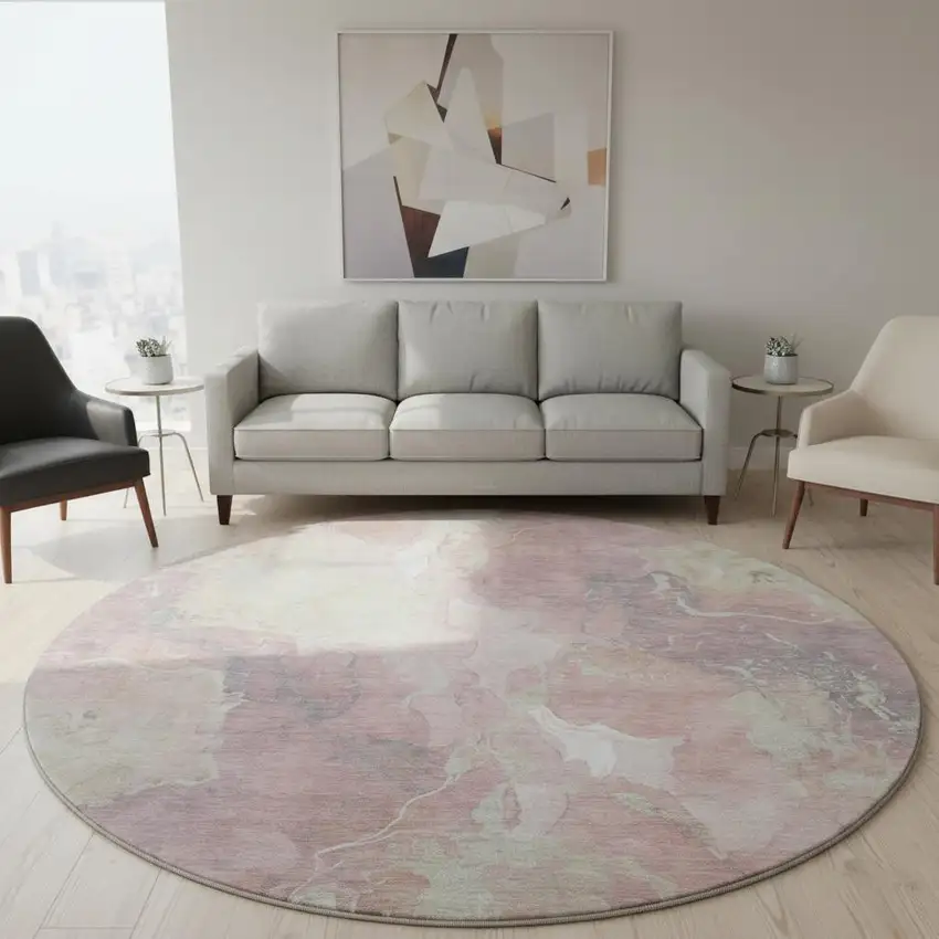 8' Pink And Beige Abstract Washable Round Rug With UV Protection Photo 2