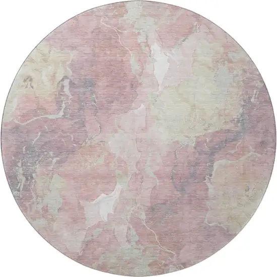 8' Pink And Beige Abstract Washable Round Rug With UV Protection Photo 2