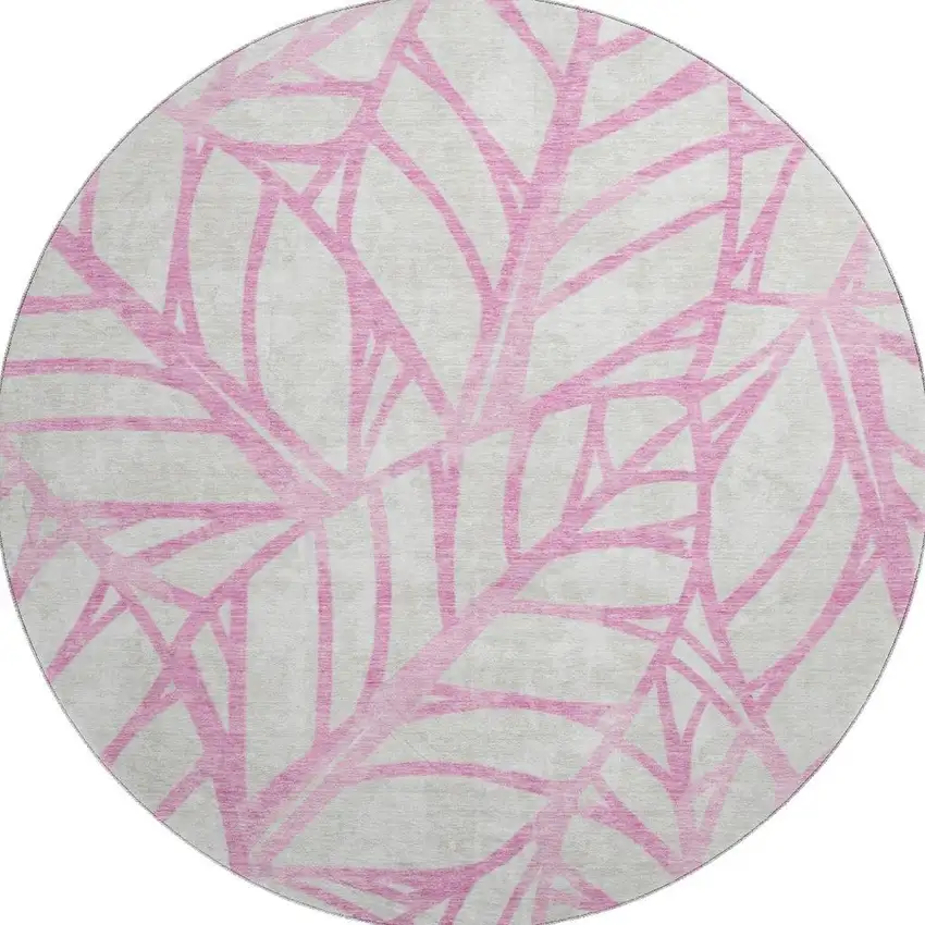 8' Pink And Beige Floral Washable Round Rug With UV Protection Photo 4