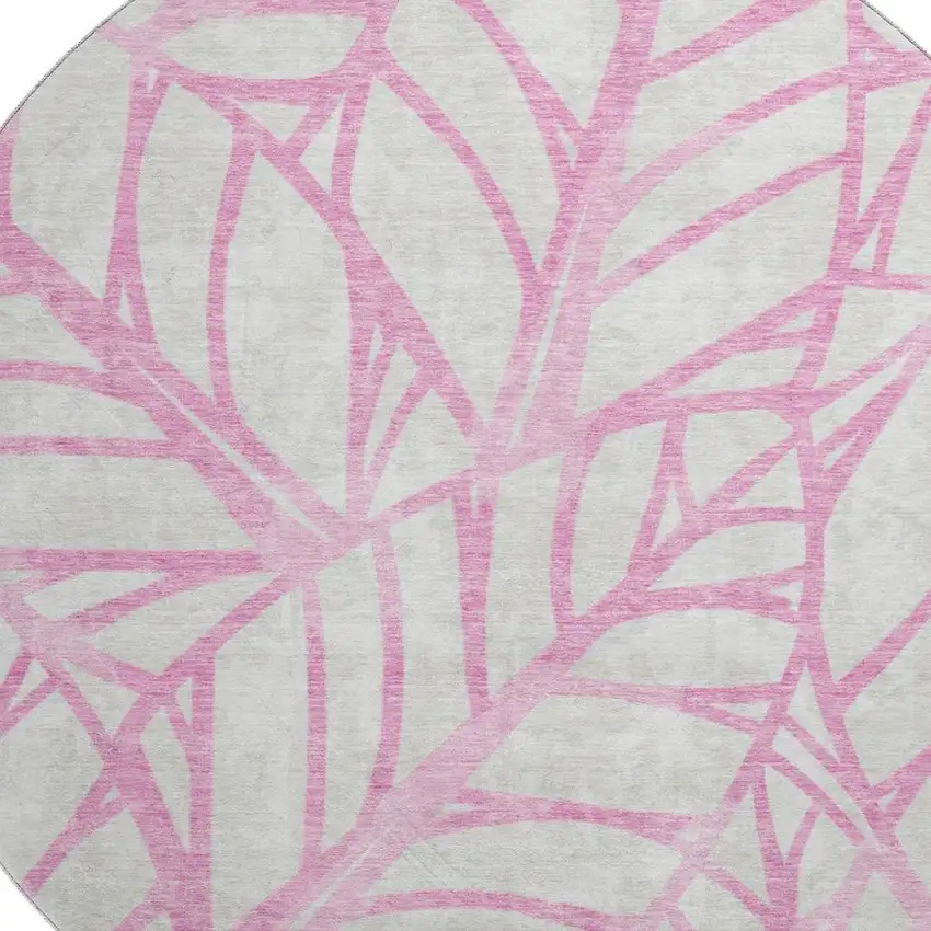 8' Pink And Beige Floral Washable Round Rug With UV Protection Photo 3