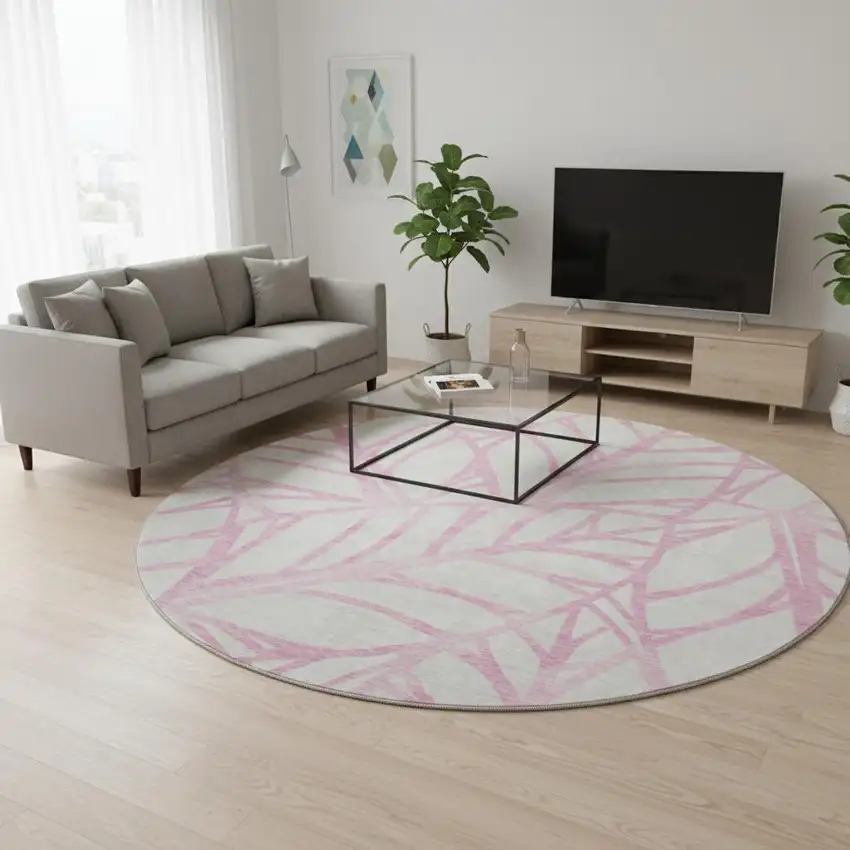 8' Pink And Beige Floral Washable Round Rug With UV Protection Photo 2