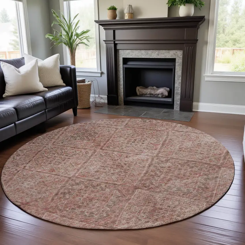8' Pink And Beige Moroccan Washable Round Rug With UV Protection Photo 3