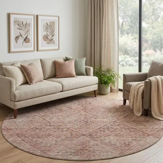 8' Pink And Beige Moroccan Washable Round Rug With UV Protection Photo 1