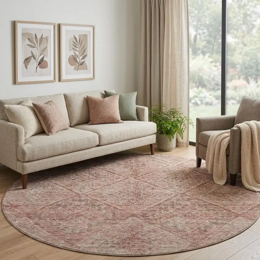8' Pink And Beige Moroccan Washable Round Rug With UV Protection Photo 1