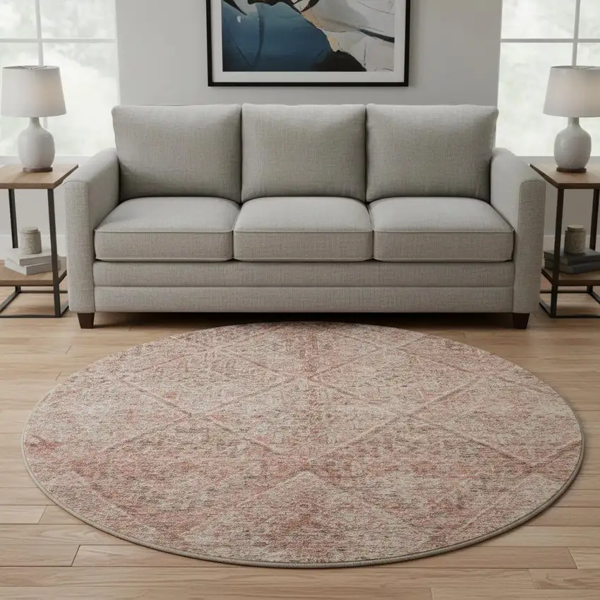 8' Pink And Beige Moroccan Washable Round Rug With UV Protection Photo 2