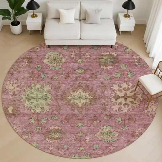 8' Pink And Beige Oriental Washable Round Rug With UV Protection Photo 5