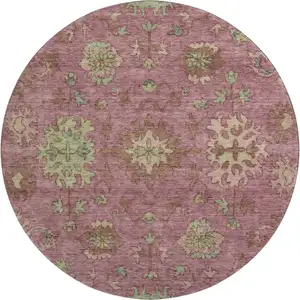 Photo of 8' Pink And Beige Oriental Washable Round Rug With UV Protection