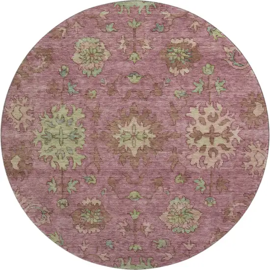 8' Pink And Beige Oriental Washable Round Rug With UV Protection Photo 1