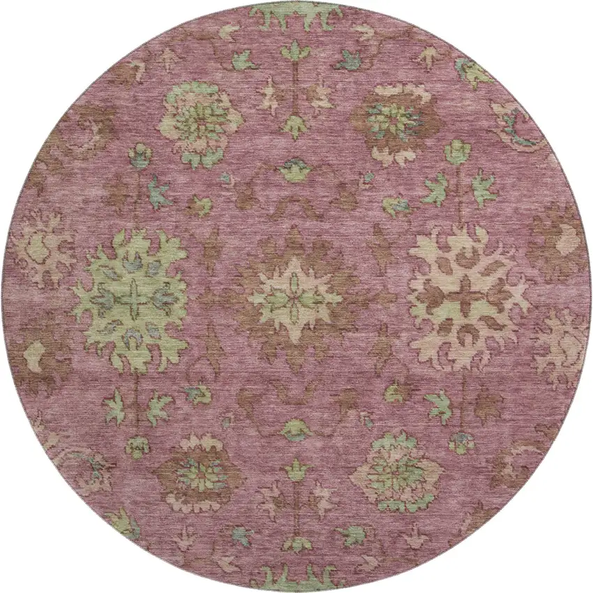 8' Pink And Beige Oriental Washable Round Rug With UV Protection Photo 1