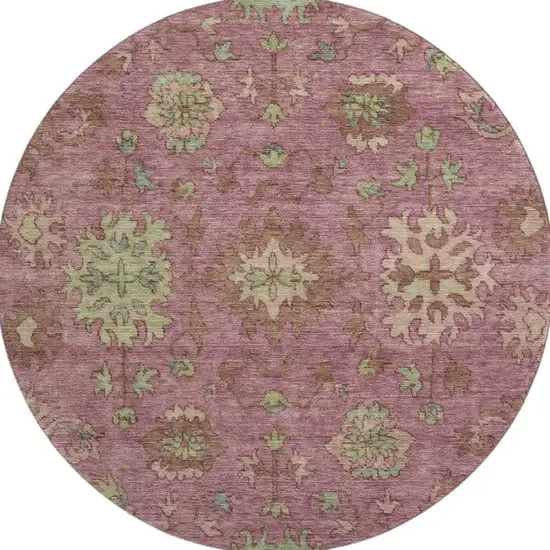 8' Pink And Beige Oriental Washable Round Rug With UV Protection Photo 4