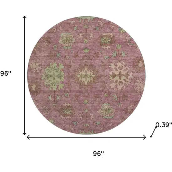 8' Pink And Beige Oriental Washable Round Rug With UV Protection Photo 8