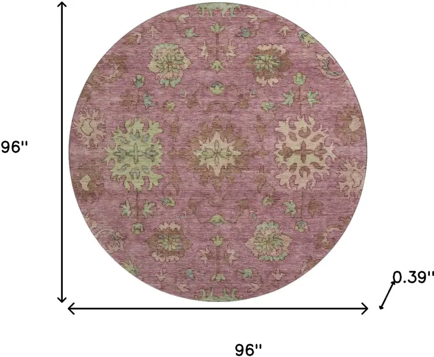 8' Pink And Beige Oriental Washable Round Rug With UV Protection Photo 8
