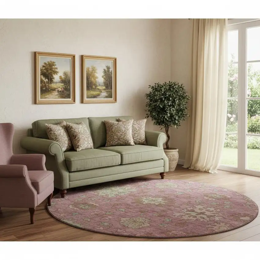 8' Pink And Beige Oriental Washable Round Rug With UV Protection Photo 2