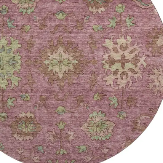 8' Pink And Beige Oriental Washable Round Rug With UV Protection Photo 3