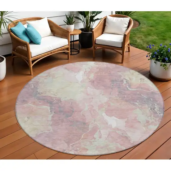8' Pink And Beige Round Abstract Washable Indoor Outdoor Area Rug Photo 2
