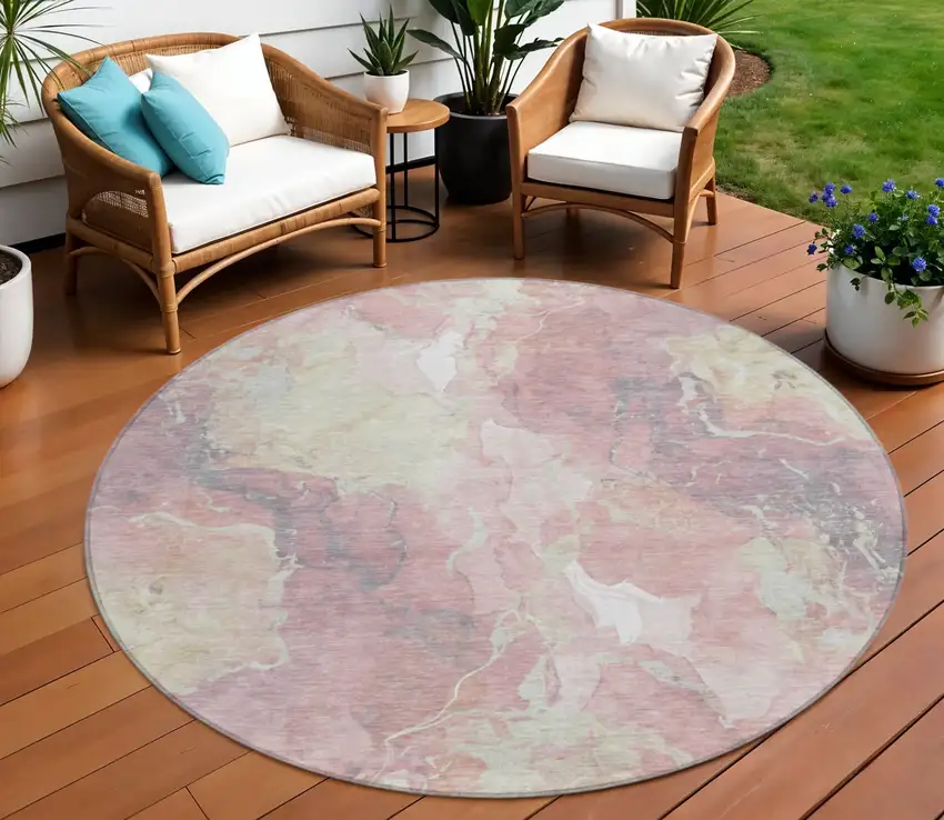 8' Pink And Beige Round Abstract Washable Indoor Outdoor Area Rug Photo 2