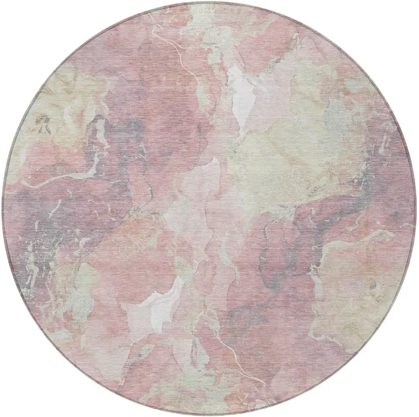 8' Pink And Beige Round Abstract Washable Indoor Outdoor Area Rug Photo 4