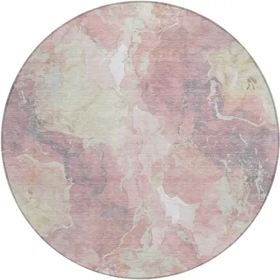 8' Pink And Beige Round Abstract Washable Indoor Outdoor Area Rug Photo 1