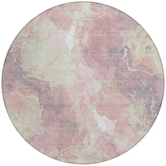 8' Pink And Beige Round Abstract Washable Indoor Outdoor Area Rug Photo 3