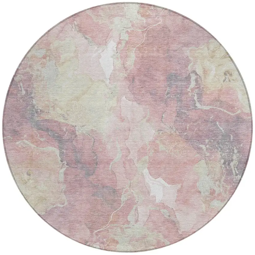 8' Pink And Beige Round Abstract Washable Indoor Outdoor Area Rug Photo 3
