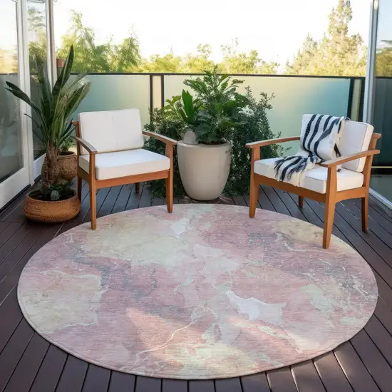 8' Pink And Beige Round Abstract Washable Indoor Outdoor Area Rug Photo 6
