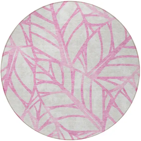 8' Pink And Beige Round Floral Washable Indoor Outdoor Area Rug Photo 6