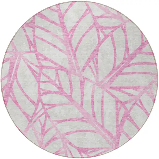 8' Pink And Beige Round Floral Washable Indoor Outdoor Area Rug Photo 6